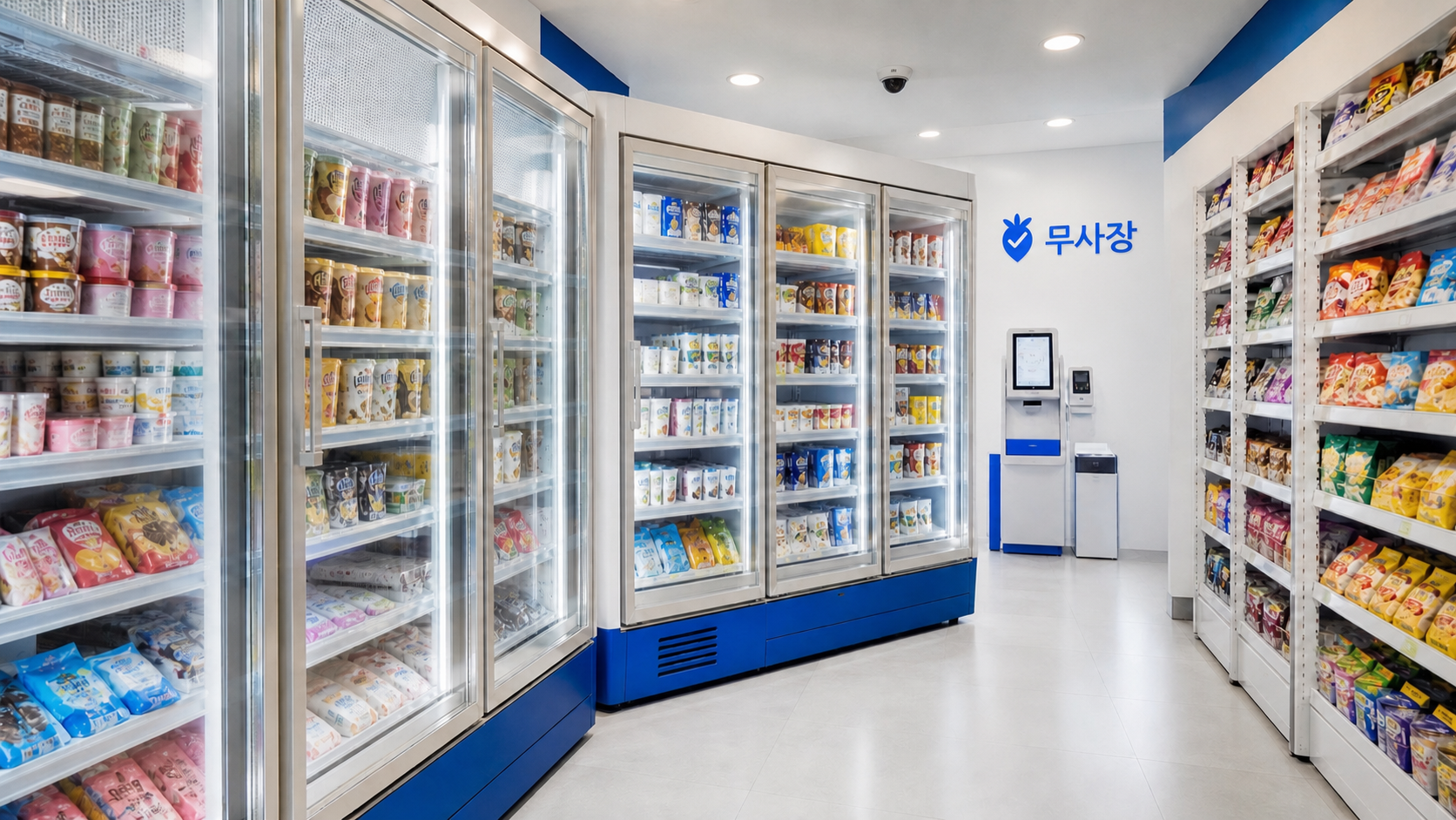 무사장 새 로고 간판이 설치된 전문 관리 무인 아이스크림 매장